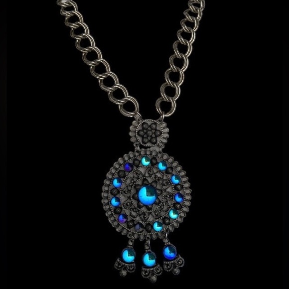 Estate Blue Purple Glass Beaded Medallion Necklace Jewelry Moroccan Boho Hippie - Picture 2 of 10